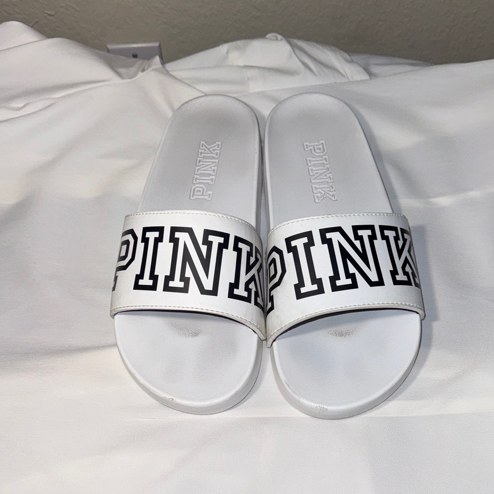 Victoria’s Secret PINK Slides Women’s 11 White Black Logo Sandals Slip On